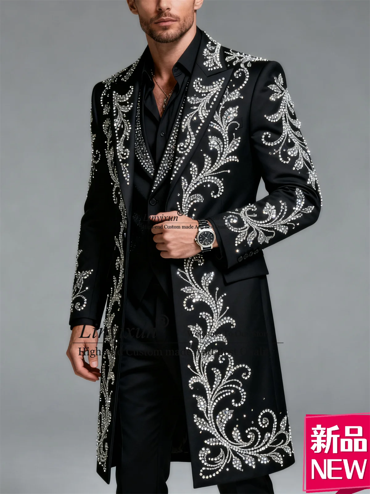 

Блестящие мужские костюмы с кристаллами и бисером, индивидуальный смокинг для свадебной вечеринки, длинное пальто, брюки, комплекты из 3 предметов, мужские пиджаки для жениха, ropa hombre