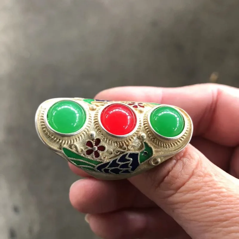 

Antique Curios White Copper Silver-Plated Cloisonne Inlaid Ruby Ring Vintage Jade Thumb Ring Old Style Ring