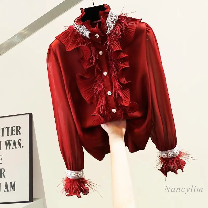 Feather Blouse Women Ladies Fashion New Nail Bead Ruffle Edge Long-sleeved Shirt Versatile White Top Red Blusas Spring 2025