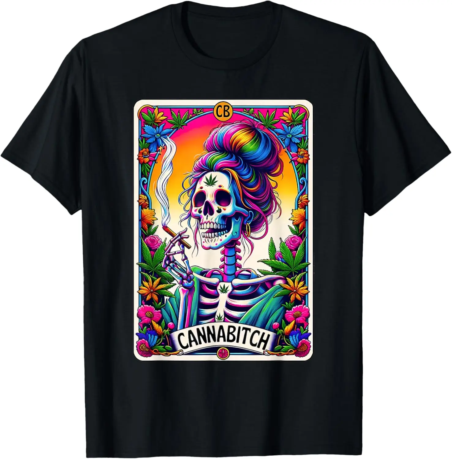 Cannabitch For Stoners Weed Smoker Skeleton Retro Tarot Card T-Shirt 100% Cotton Trendy Y2K Short-Sleeve Tee-Soft, Quick-Drying,