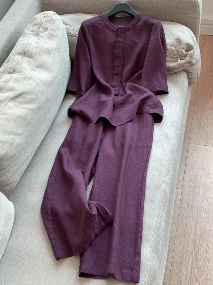 Summer Solid Color Women 2 Piece Sets Elegant Simple Cotton and Hemp Suit Casual O-neck 3/4 Sleeve Long Pants Two Piece Set