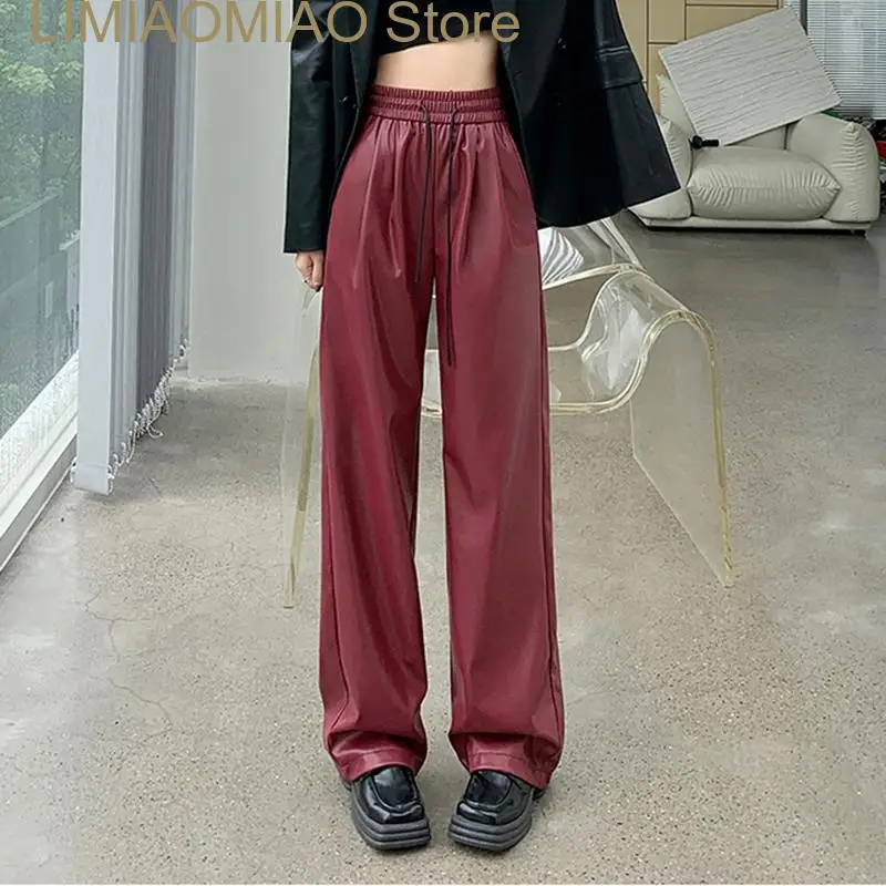 New Faux Leather PU Wine Red Wide-Leg Lace Up Elastic High Waist Women's Pants Korean Fashion Full Length Pants For Women Autumn