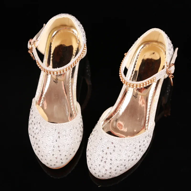 Kids Leather Shoes for Girls Knot Banquet Party Children High Heel Shoe for Kids Girls Sandals Student Crystal Princess Shoes