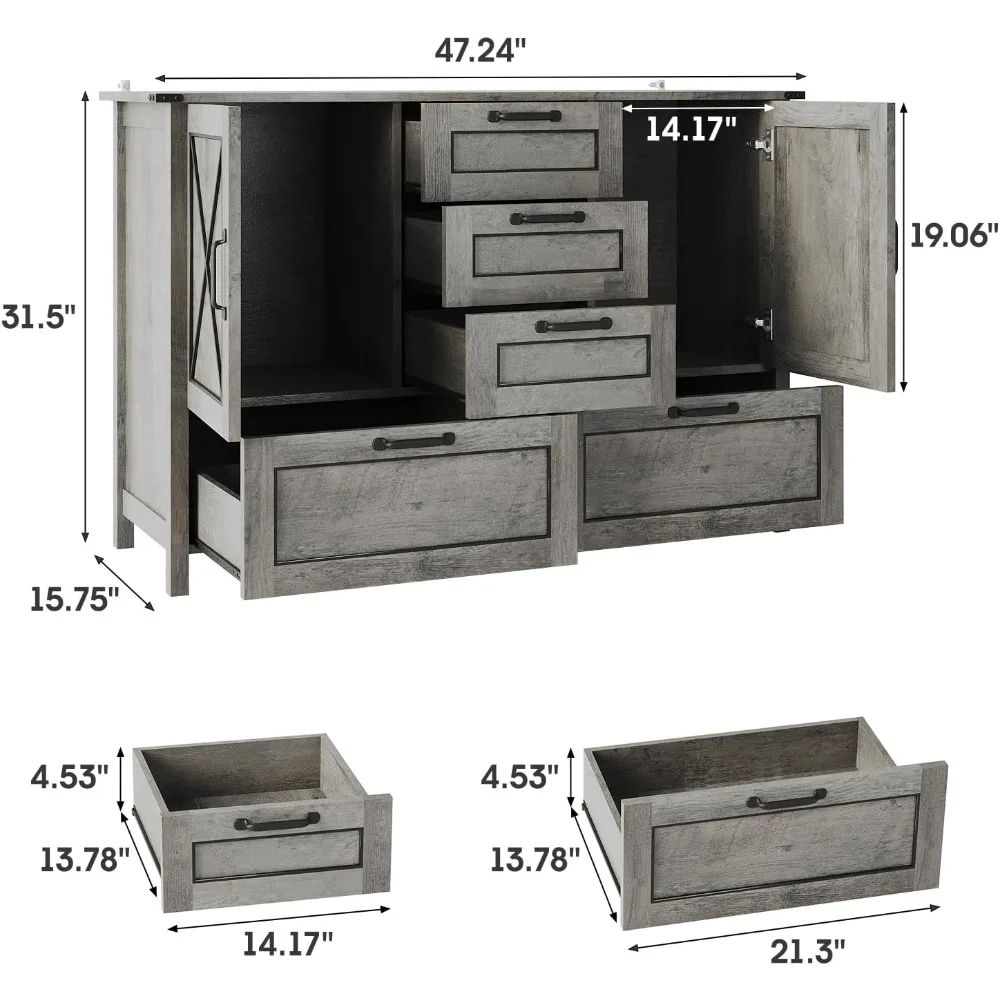 Credenza con 2 ante e 5 cassetti, tavolo da buffet in fattoria con contenitore per cucina, tavolino da bar buffet in legno