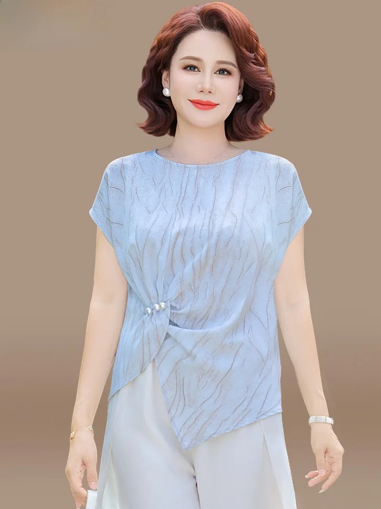 

Летний комплект Ele Mom: шифоновый топ и брюки, новинка 2025 года, модный облегающий крой, с круглым вырезом, комплект из двух предметов