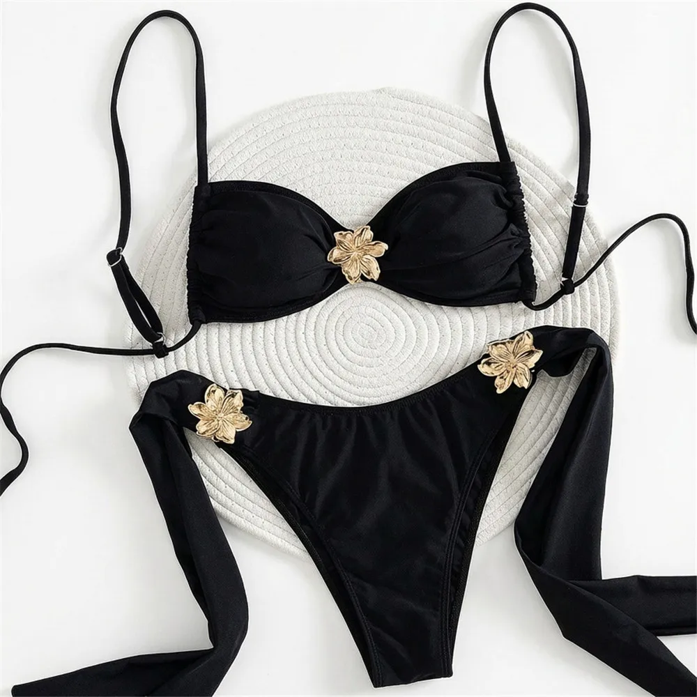 

Metal Flower Solid Black Bandeau Bikinis Sets Swimwear Female Sting Knotted Sexy Swimsuit Women 2026 Bathing Suit Bikini Mujer