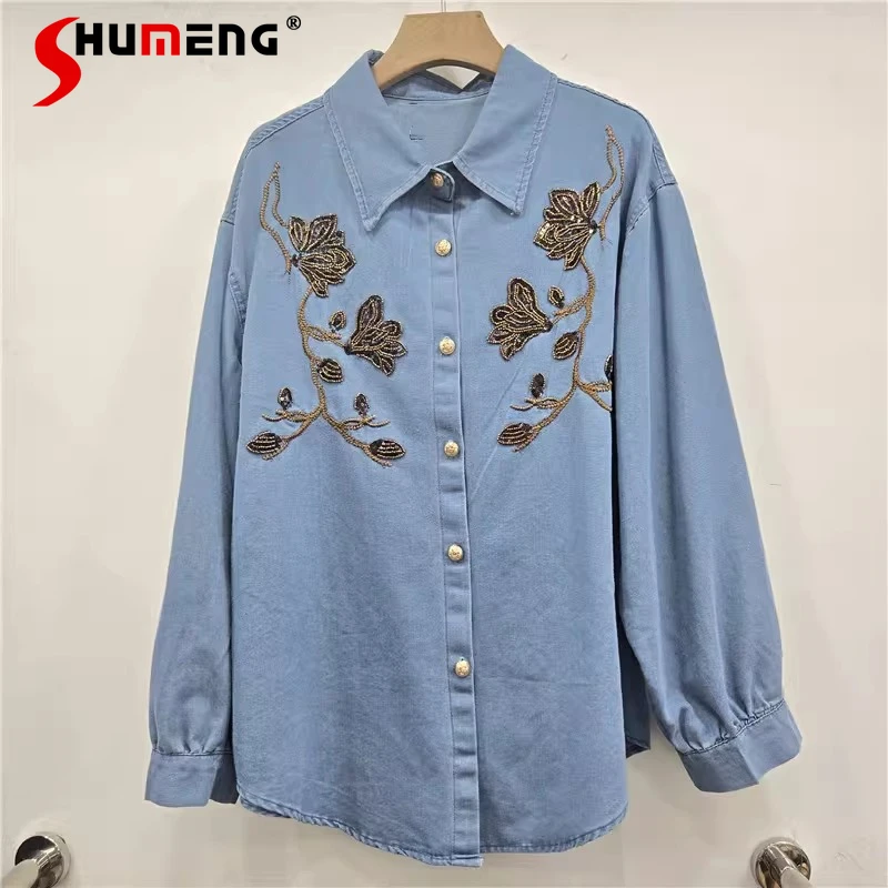 

Fashion Embroidered Denim Shirts Women 2026 Spring New Loose Comfort Single-Breasted Tops Ladies Elegant Long Sleeve Chic Shirts