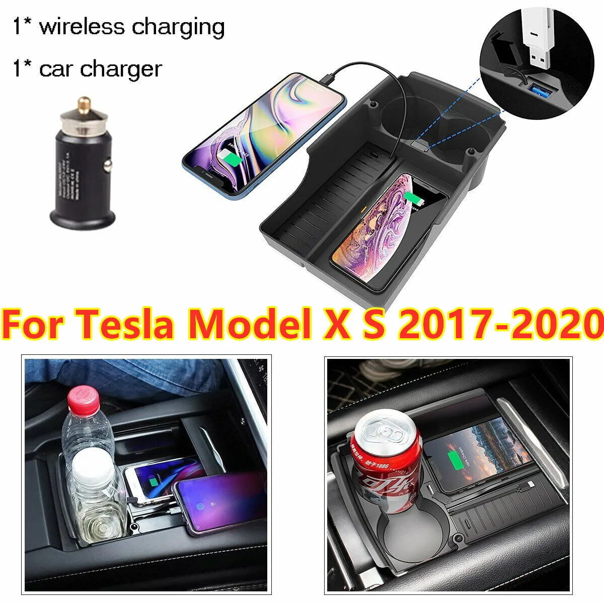 

Center Console Organizer Storage Box Phone Wireless Charger For Tesla Model X S