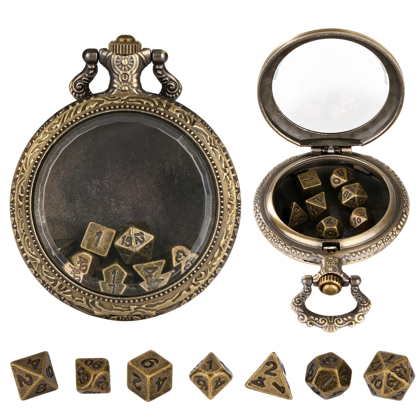 Old Fashion Transparent Glass Pocket Watch Case Waist Hook Fobs and Chains with 7pcs Metal Polyhedral Table Game Dice Accessory