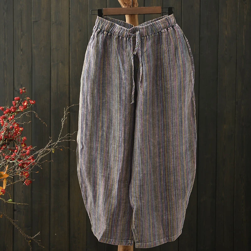 

High Quality Women Casual Linen Pants New Arrival 2025 Spring Vintage Striped Loose Femlae Ankle-length Harem Pants T623