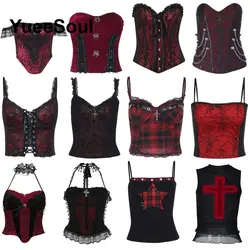 Gothic Lace Mesh Crop Tops Black Sexy Spaghetti Strap Corset Tops Goth Punk Grunge Fairy Core Halloween Y2K Aesthetic Clothes