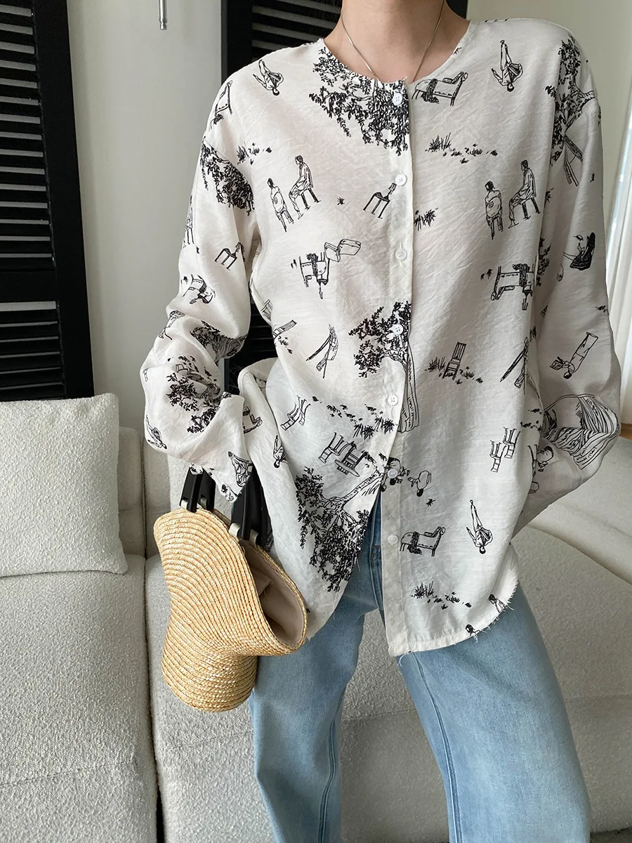 

Весенняя женская повседневная рубашка в стиле французского ретро с принтом, круглым вырезом и длинными рукавами, свободного кроя.