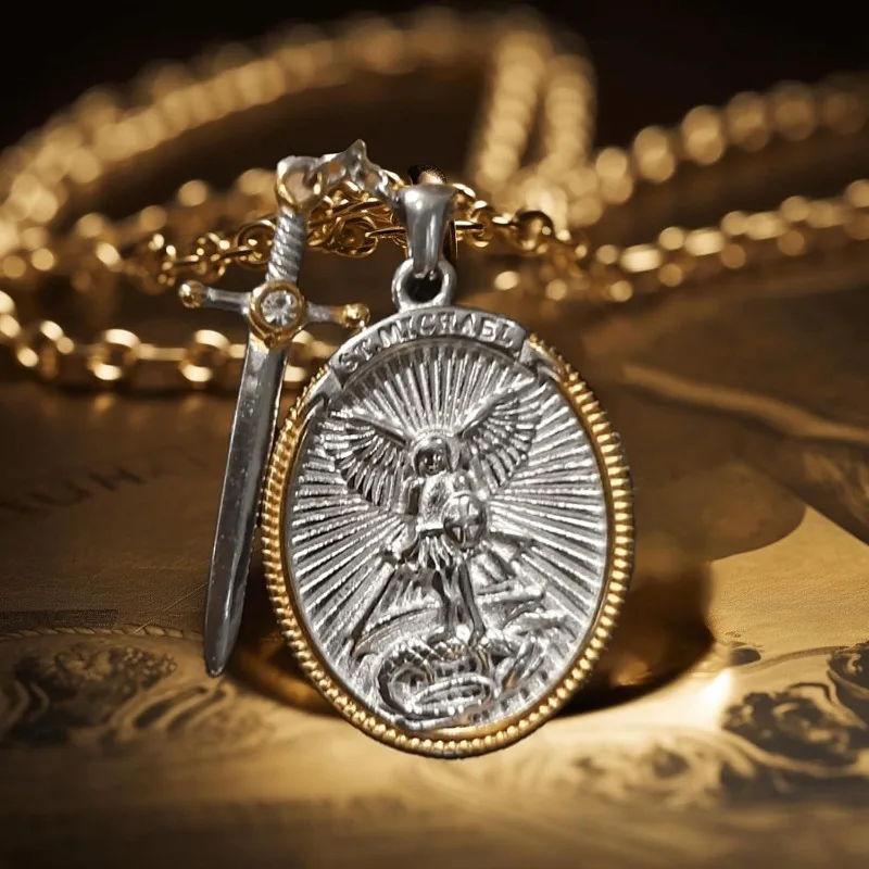 St. Michael Catholic Patron Steel Viking Pendant Necklace Jewelry Divine Sword Senhield Protection Gift for Men and Women