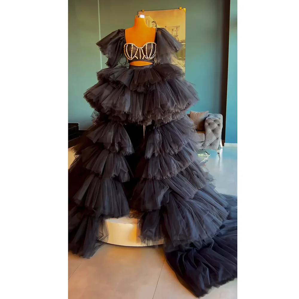 Black Tiered Pleat Prom Dress Fashion Sweetheart Crystal High/Low Gowns Chic Floor Length Sweep Train Evening Party Dresses