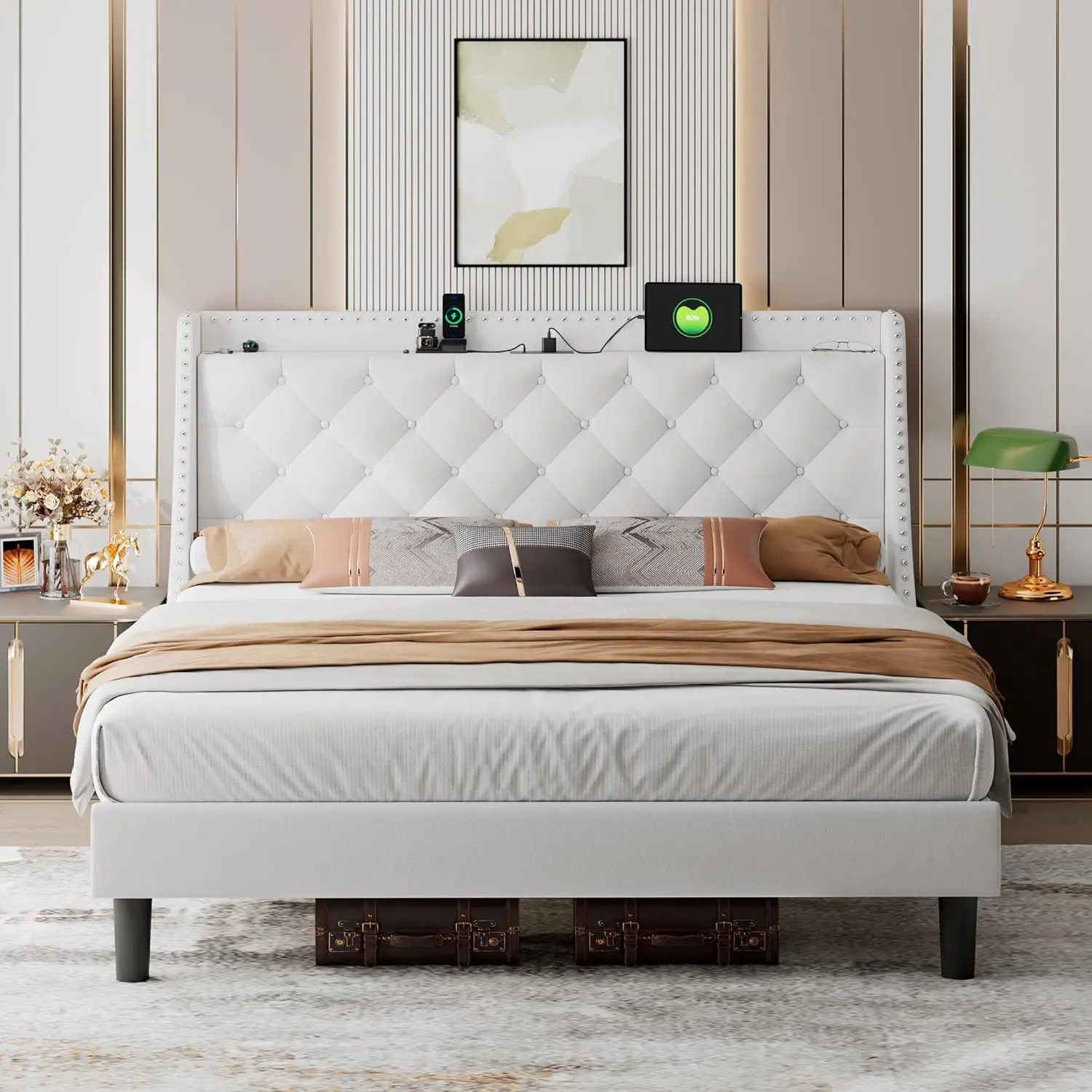 

Velvet King Bed Frame with 16 Comfort Wingback & USB & Charging Station, Upholstered Platform Bed with Button Tufted Sto