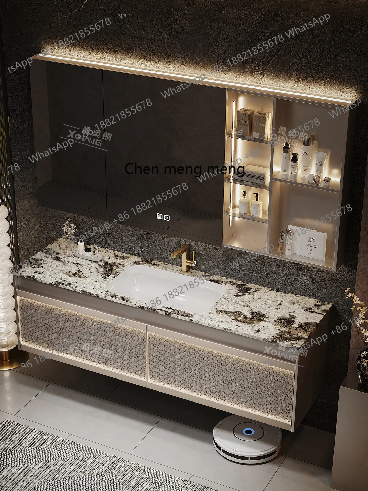 

High-end Italian light luxury oak bathroom cabinet combination rock slab integrated basin washstand
