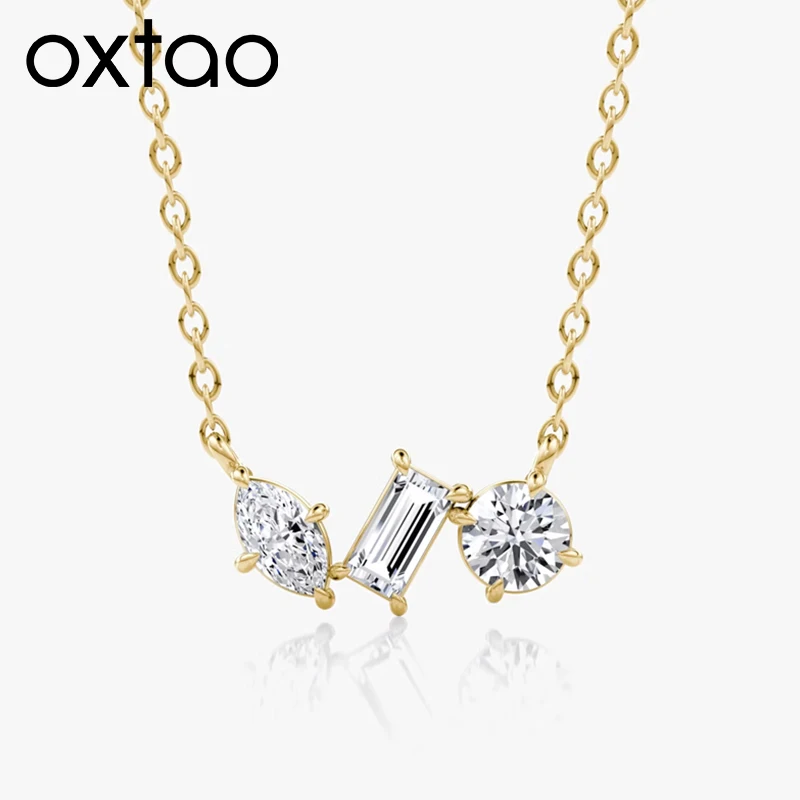 

OXTAO Geometric Moissanite Pendant Necklace 14K Gold Filled Statement Three-Stone Necklace Neck Accessories Fine Women's Jewelry