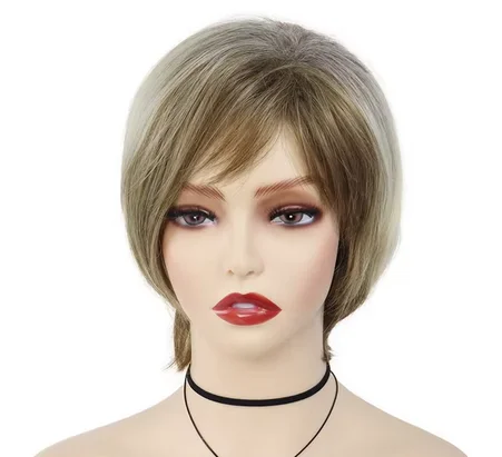 Beauty Makeup Short Synthetic Hair Pixie Cut Layered Blonde Mix Brown Wigs with Bangs Straight Wig for Women Daily Party Costume