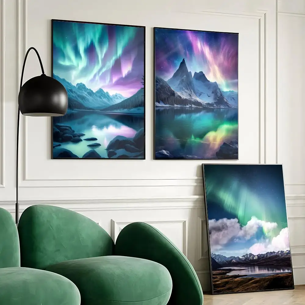 Aurora Borealis over Mountain Poster Waterproof Wall Art Sticker for Home Bar Decoration, Self-Adhesive Room Wall Decor Mural