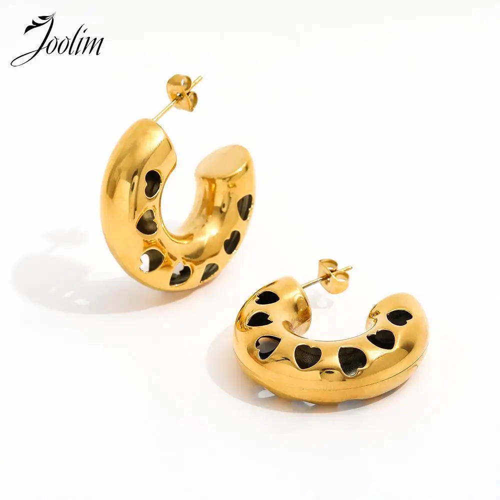 

Joolim Jewelry High Quality PVD Wholesale Non Tarnish Statement Hollow Heart Pave Hoop Stainless Steel Earring for Women