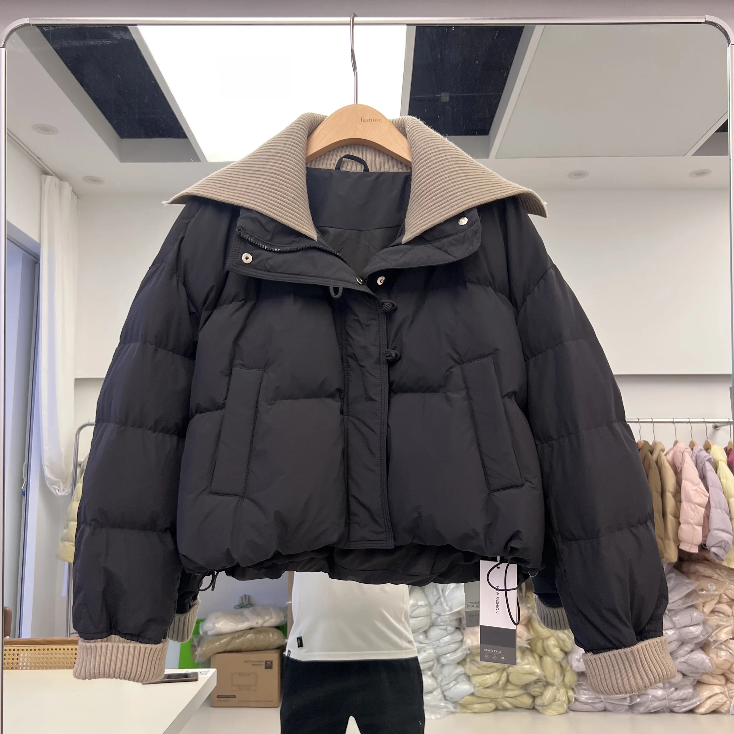 Winter New Women's Down Jacket Fashion Short Knitted Turn Down Collar Splicing White Duck Down Coats Korean Loose Outerwear