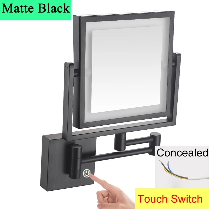 Square Touch Led opvouwbare badkamerspiegel 3x vergrotende badkamer make-upspiegels Accessoires Wandmontage Touch on badspiegels