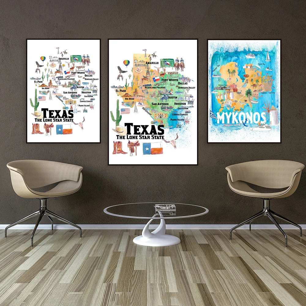 Florence, Venice, Great Lakes, Venezuela, Cyprus, Austria, Mykonos, Long Island New York, St. Lucia road map travel poster