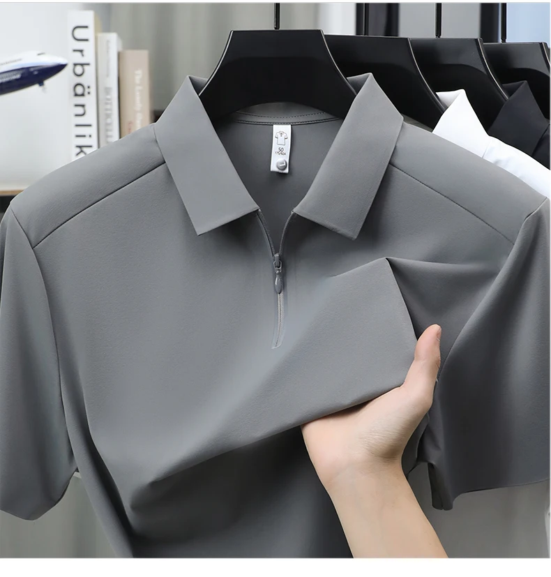 Luxuriöses Herren-Poloshirt mit halbem Reißverschluss kurzärmelig einfarbig hochwertige Eisseide atmungsaktiv Sommer neu lässig modisch T-Shirt – Detail 8