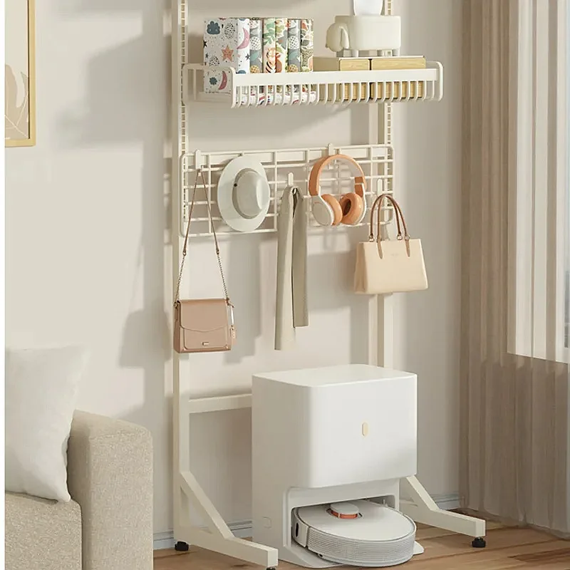 Cream Storage Cabinet with Hooks, Steel Display Shelf, Robot Vacuum Stand, Home Living Room Organizer