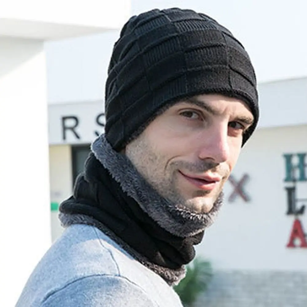 Gorro masculino de malha à prova de vento, boné casual e portátil cachecol macio e luvas, terno no pescoço, na moda