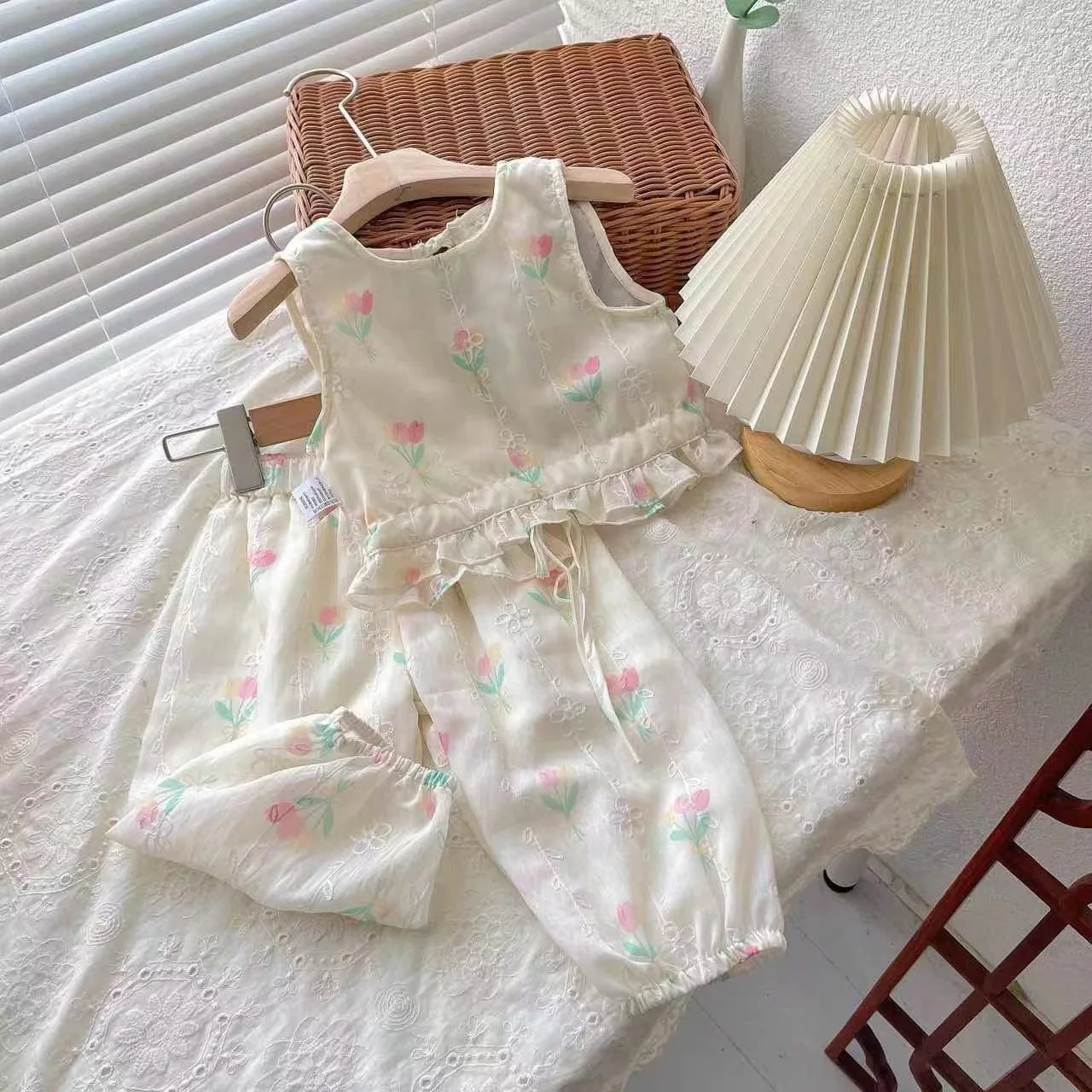 Summer Baby Girl Outfits 2024 Tulip Full Printed Kid Girl Vest+cool Pant Suits Cool Muslin Rainbow Slip Top Solid Flare Pant Set