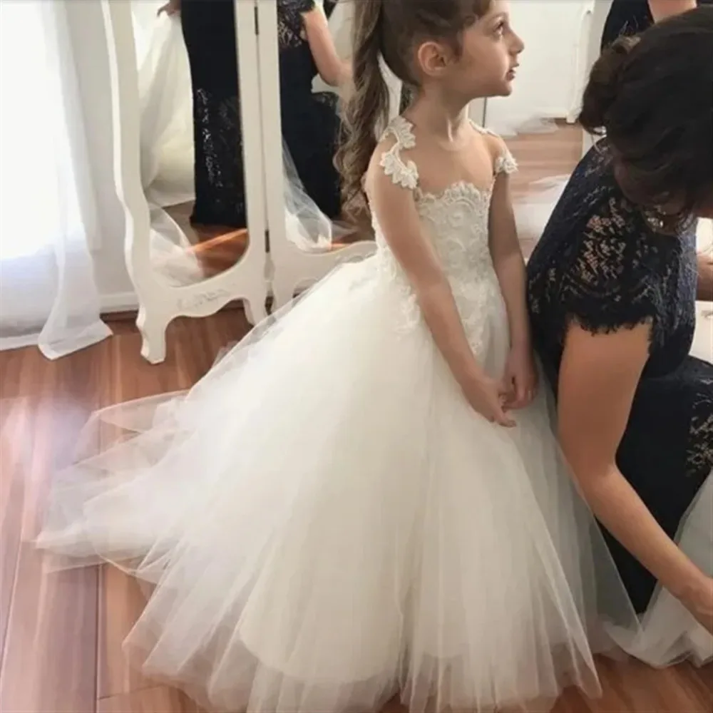 

Elegant White Flower Girl Wedding Dress Appliques Lace Backless Princess Birthday Party Dress First Communion Gowns Customized
