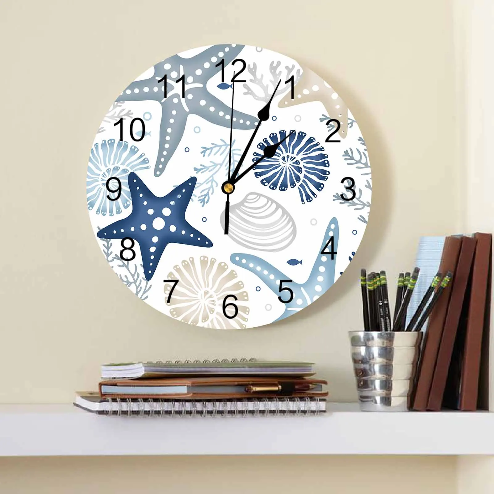 Blue Marine Creatures Khaki Wall Clock Large Modern Kitchen Dinning Round Wall Clocks Bedroom Silent Hanging Watch