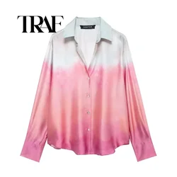 TRAF Tie Dye Shirt For Women Casual Button Lapel Print Satin Long Sleeve Shirts Streetwear Female Chic Tops Slim Blouse