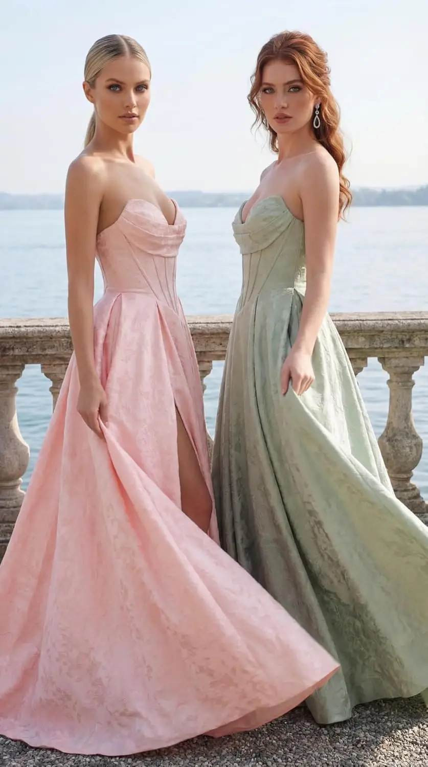 

Bridesmaid Dress for Weddings Jacquard Satin Prom Dresses with Slit Strapless Corset A Line Long Formal Gowns Ball Party Dress