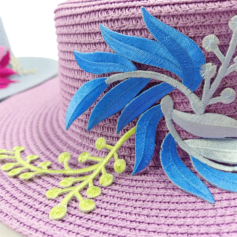 Summer straw hat embroidered leaf flat top men\'s and women\'s straw hat sun hat beach hat blue flat top straw hat кепка мужская