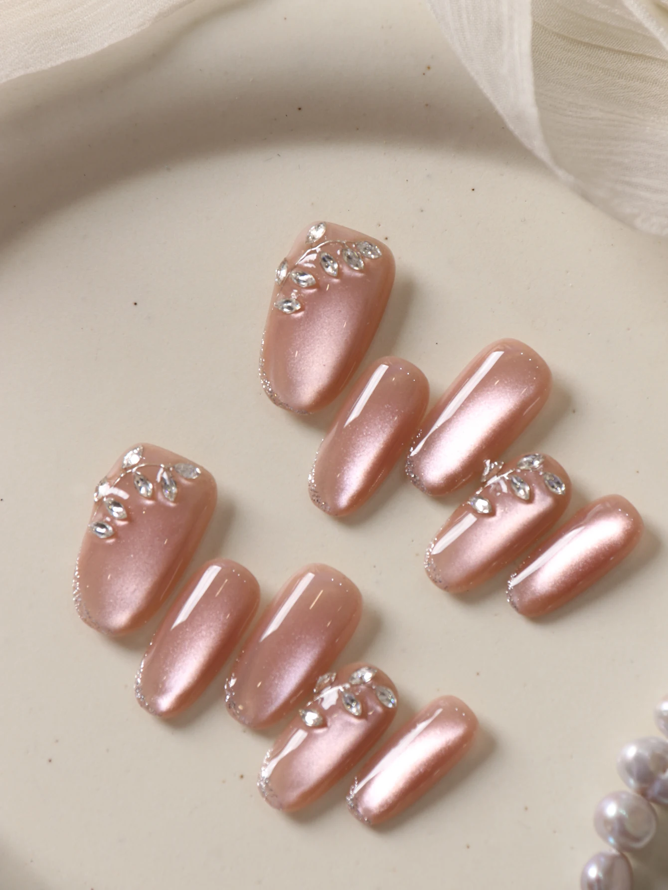 10 Stück Aufklebenägel, künstliche Nägel, kurz, rosa, Katzenaugen-Design, mit Glitzerdiamanten und Blättern, inklusive 1 Blatt Klebestreifen und 1 Mini-Feile