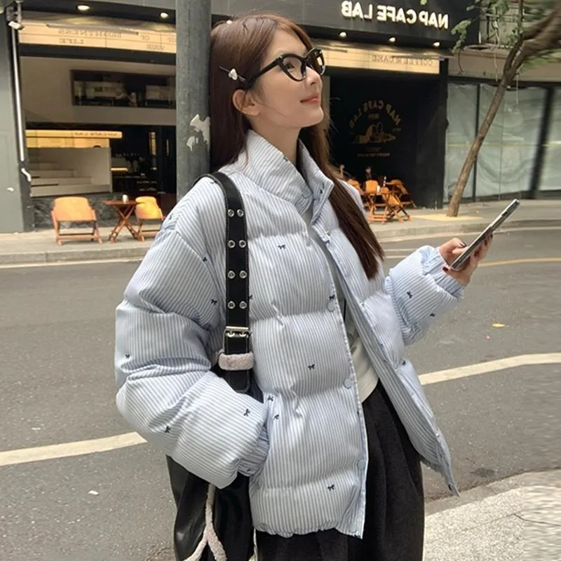 YYAHAHAS Koreańska Moda Niebieska Kokarda Paski Stójka Płaszcz Zimowy 2025 Kurtka Bawełniana Nowe Parki Odzież Damska