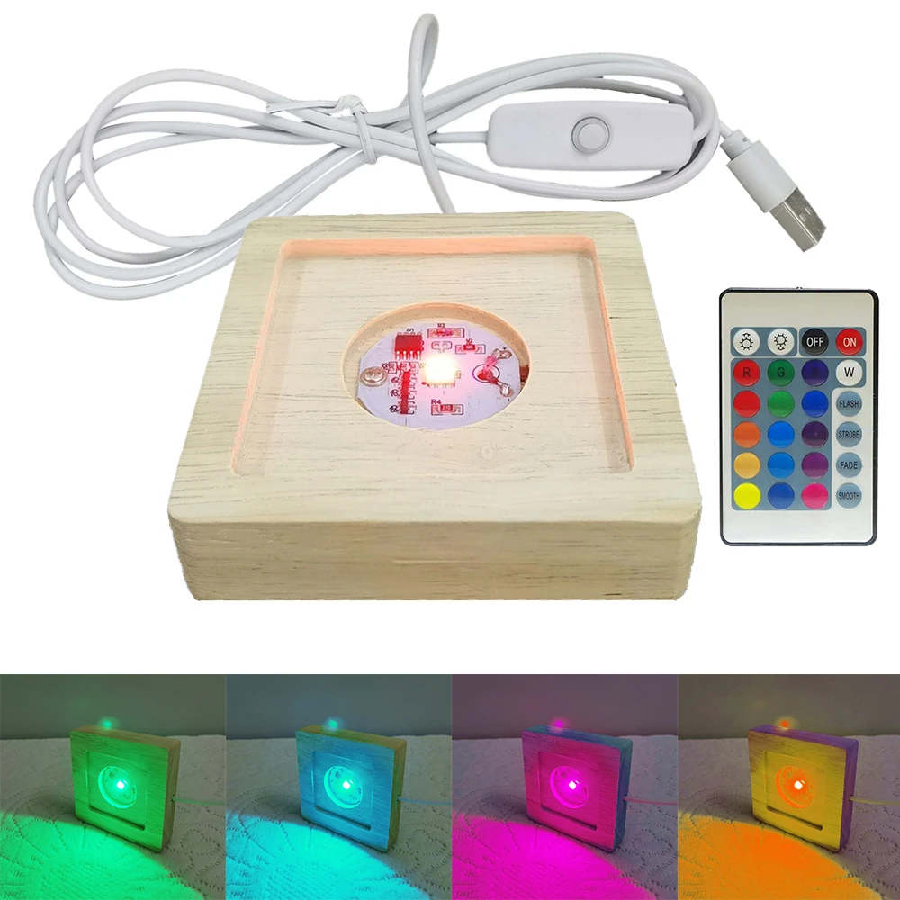 Wood Light Base USB Rechargeable Remote Control Wooden Colorful LED Light Base Display Stand Lamp Holder Resin Art Home Decor