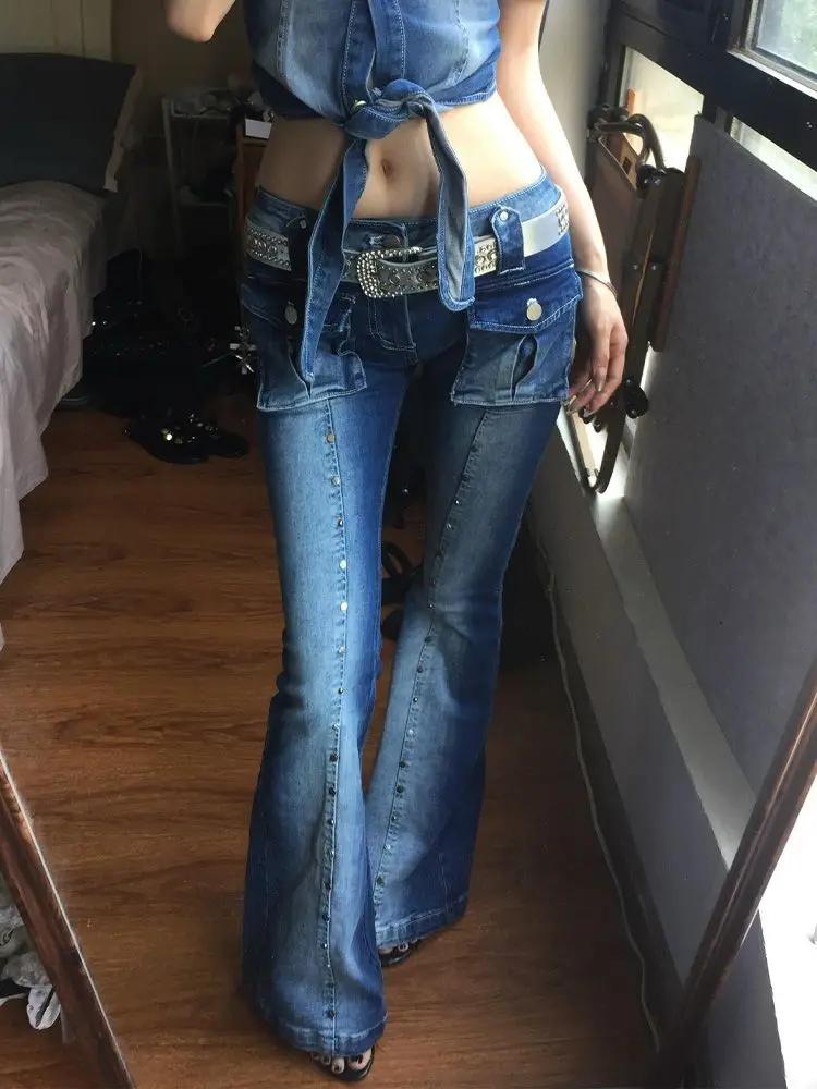 

2025 Autumn Women Vintage Blue Skinny Jeans Low Rise Harajuku Y2k Denim Trousers Streetwear 2000s Oversize Flare Pants Clothes