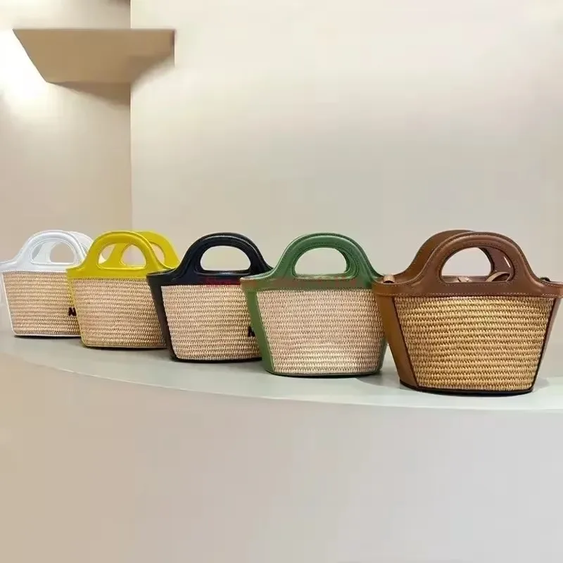 2024 Summer Classic Woven Vegetable Basket Handbag Straw Bag Shoulder Bag Shopping Leather Woven Beach Straw Woven Girls Handhe