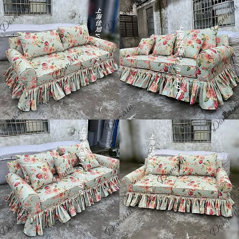 French pastoral style sofa floral fabric retro peony skirt edge straight row dismantling and washing photography