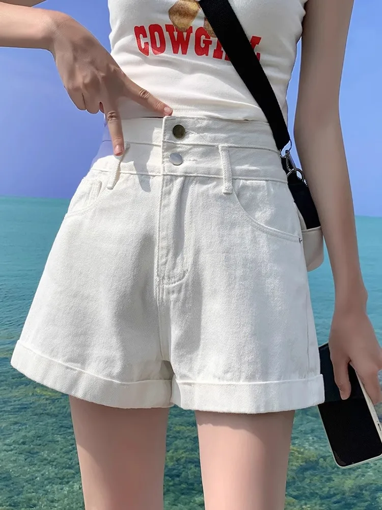 

High Waist Cuffed Denim orts Women's Summer Faion Loose Slim Wide Leg Versatile A-Line Hot Pants Casual Sle Cotton Blend