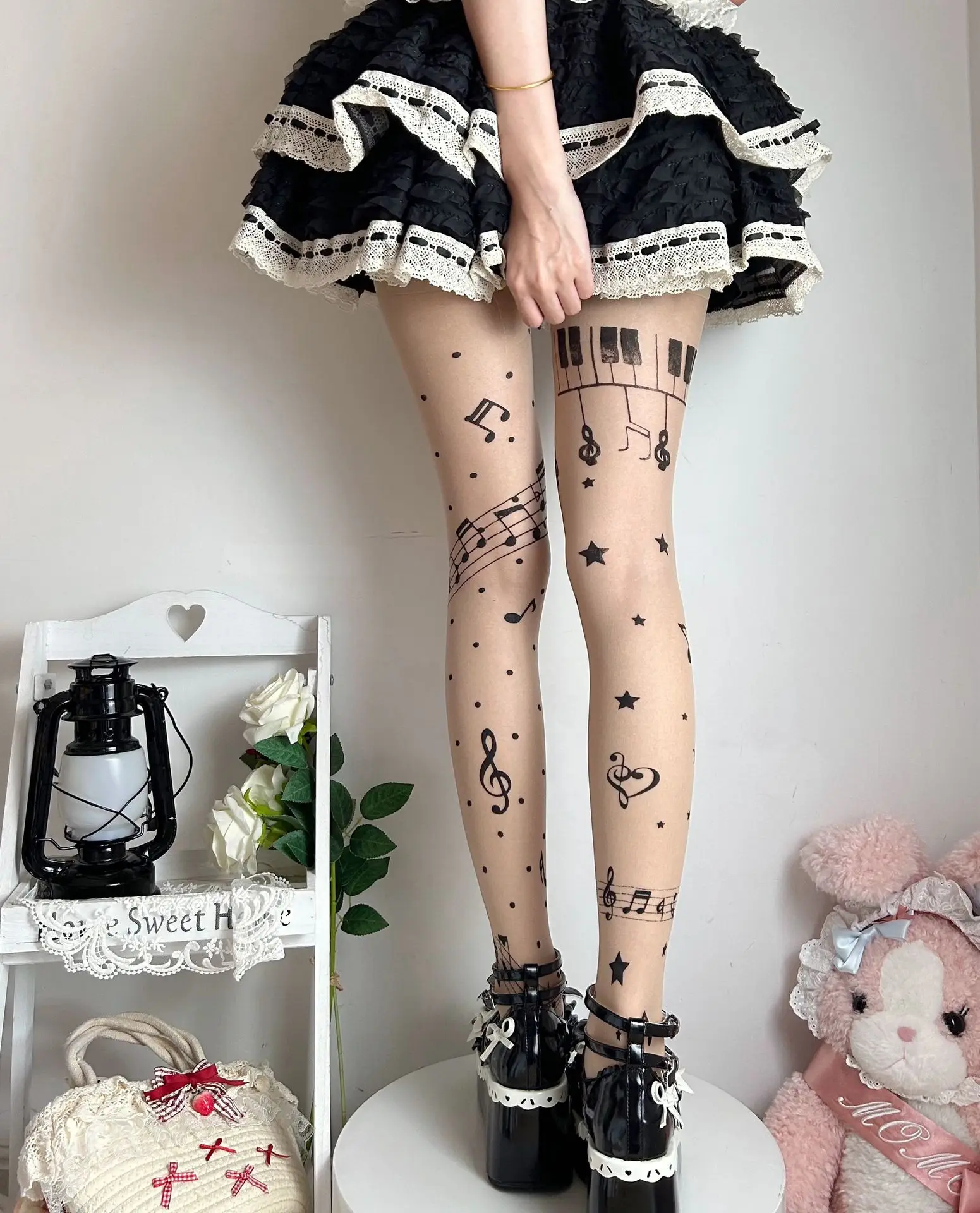 Summer Lovely Note Print Lolita Tights Hosiery Sweet Rock Personalized Thin High Elasticity Black Women's Pantyhose