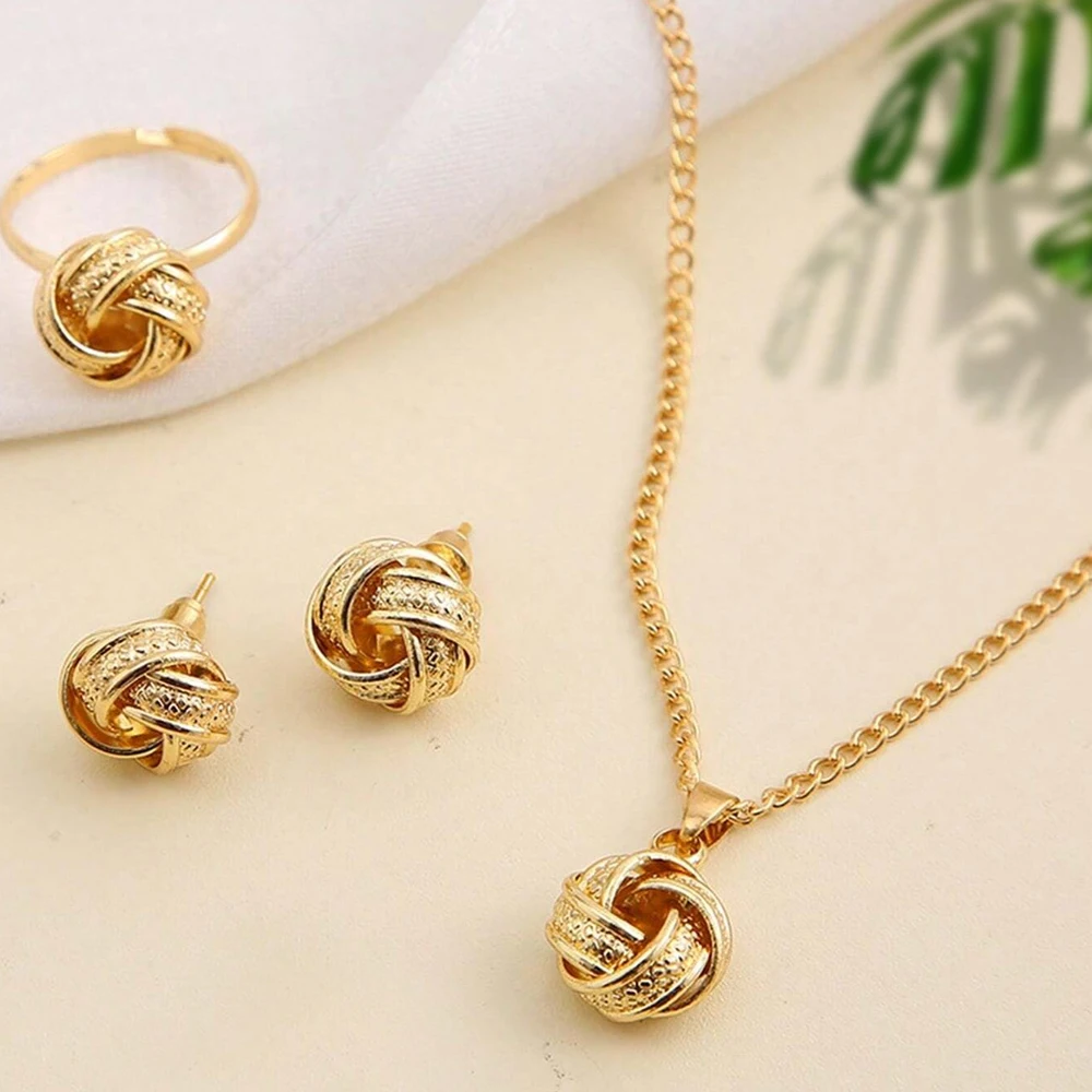 4pcs/set Twist Design Jewelry Set Simple Geometric MetalNecklace Stud Earrings Ring Set