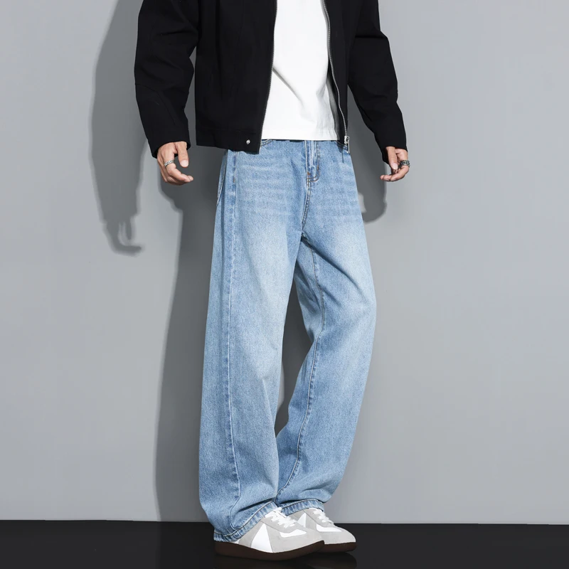 الرجال جينز غير رسمي الخريف جديد الكورية فضفاض بلون بنطلون مستقيم Vintage شخصية الذكور واسعة الساقين الدنيم السراويل