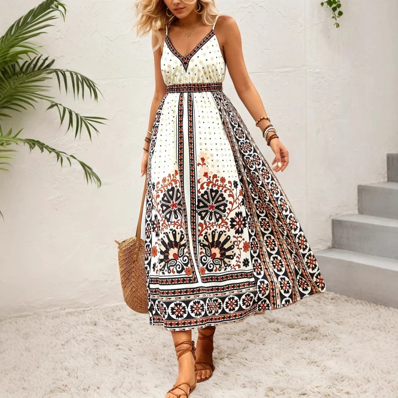 

Backless Camisole Dress Bohemian Ethnic Style Positioning Print Fashion Vacation Casual Internet Celebrity Long Style