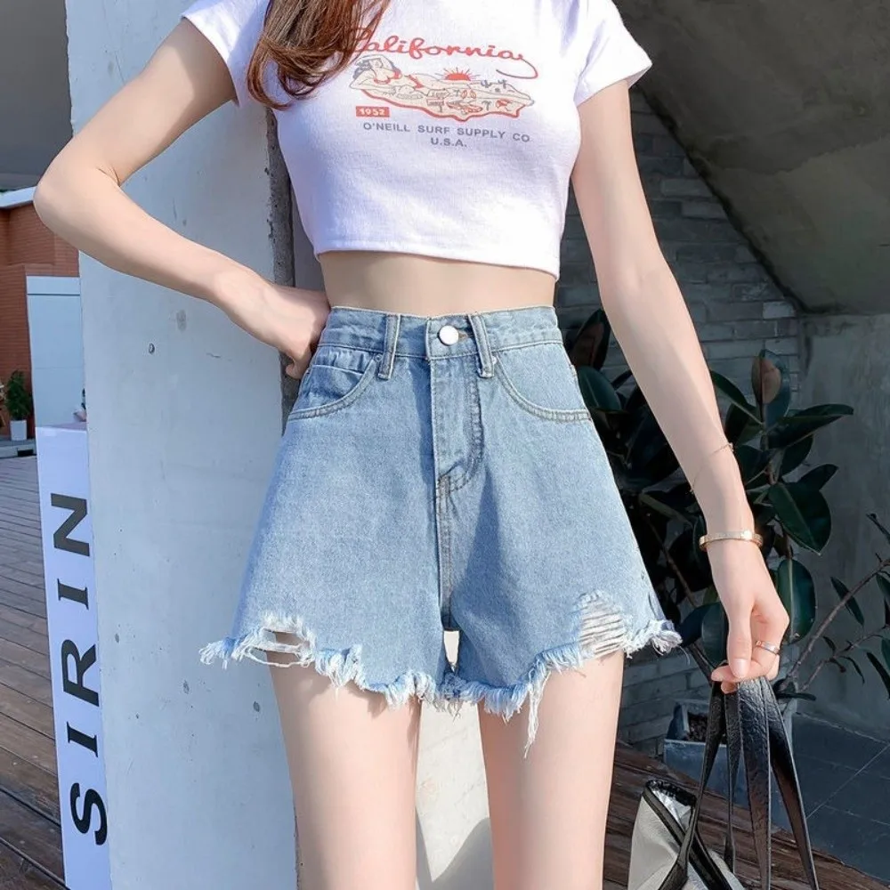 Trendy Stretchy Jean Shorts for Women High Waisted Ripped Denim Shorts Frayed Raw Hem All-match Short Pants Summer Wear
