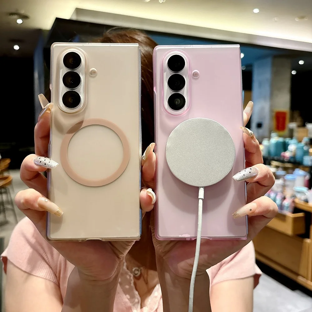 Translucent Matte For Magsafe Phone Case For Samsung Galaxy Z Fold 7 6 5 4 3 Magnetic Charging Hard PC Cover For Z Flip 6 7 Capa