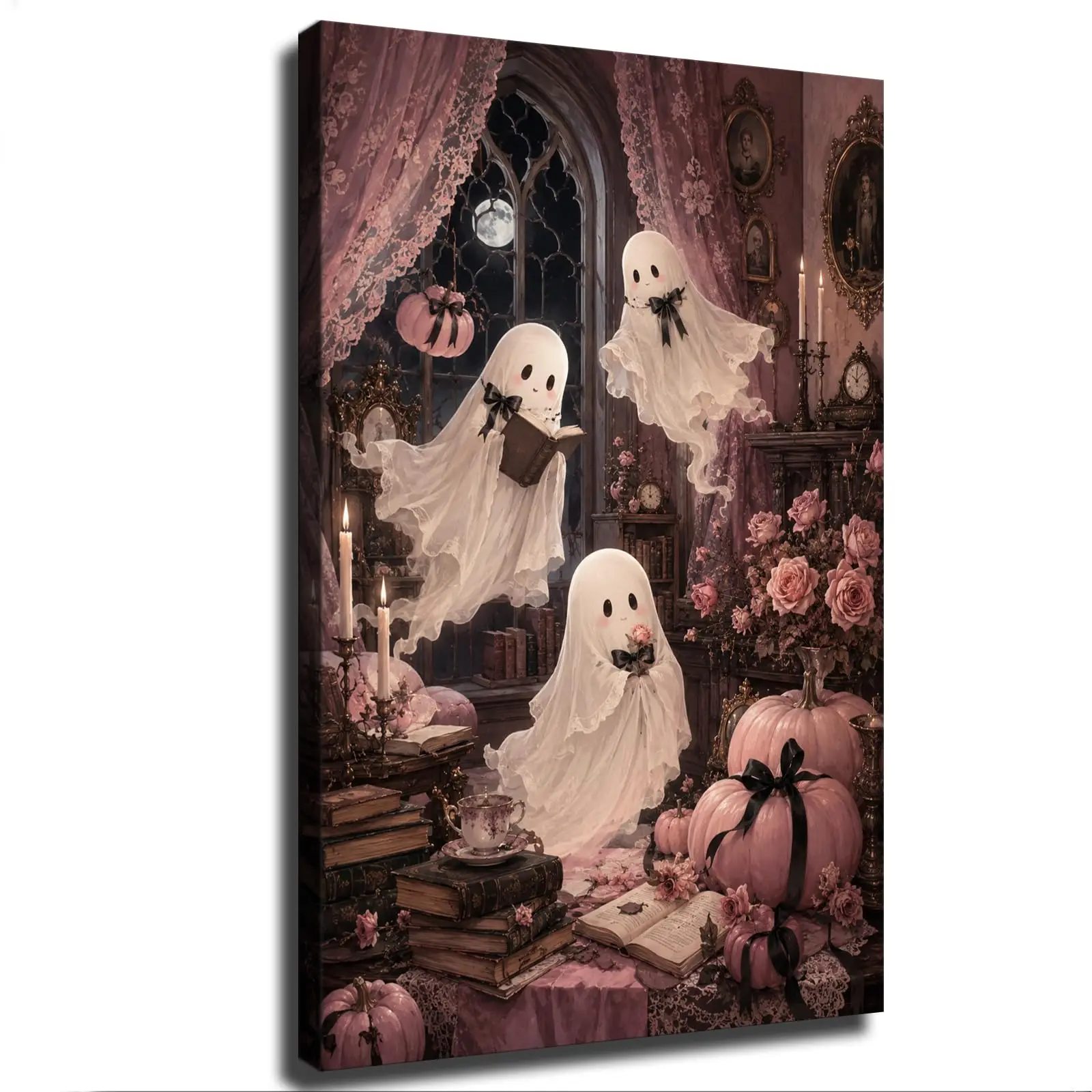 Cute Ghost Canvas Wall Art Halloween Pink Gothic Reading Room Pumpkin Rose Print Spooky Decor for Bedroom Living Room Study (24
